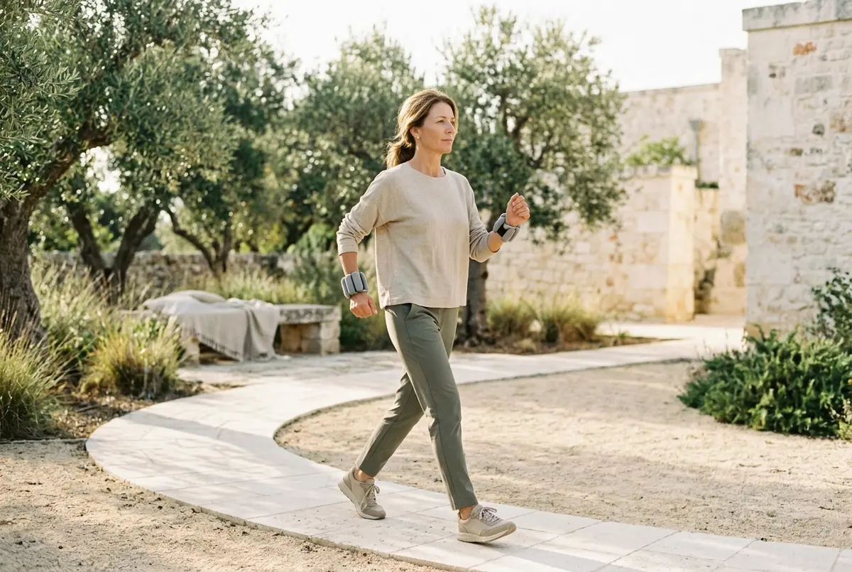 Woman power walking outdoors wearing wrist weights on a sunny park path