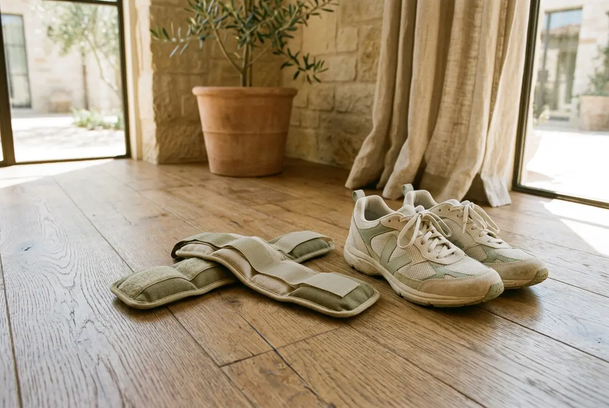Close-up of adjustable wrist weights laid out beside a pair of walking shoes on a wooden floor
