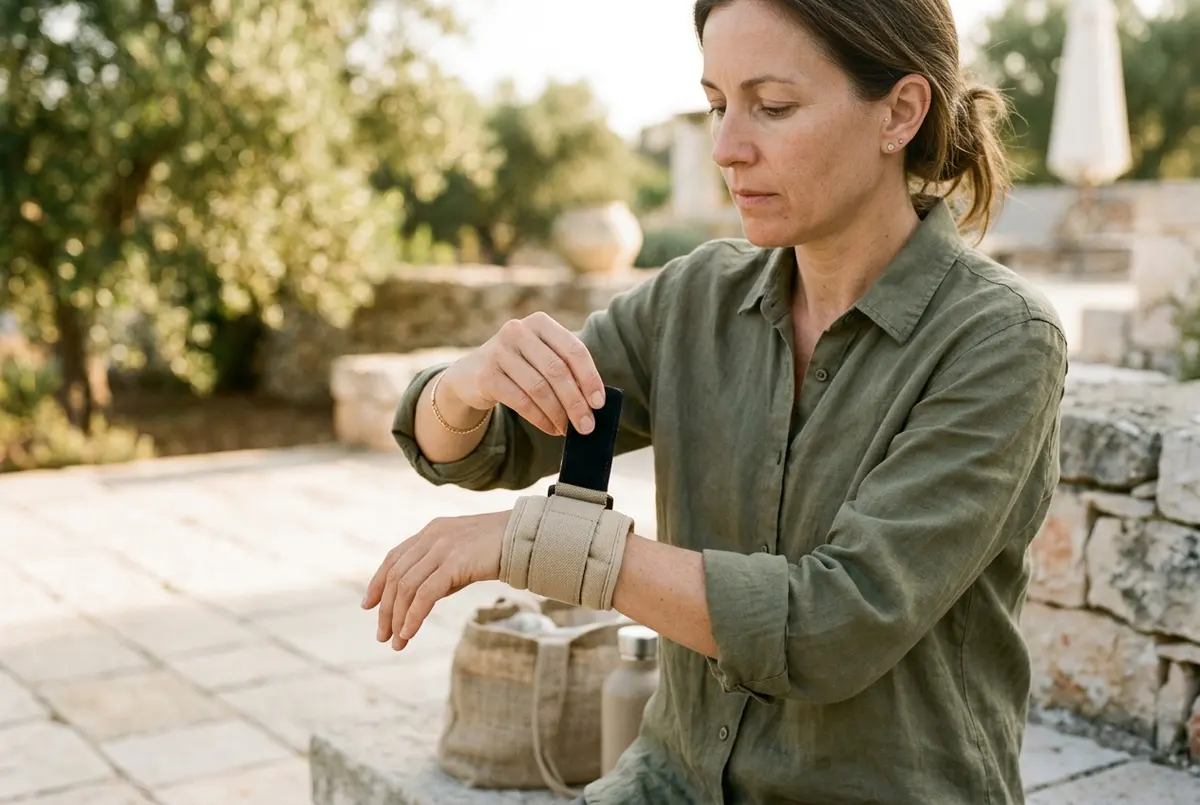 Close-up of a woman strapping on a dedicated wrist weight before a morning walk outdoors