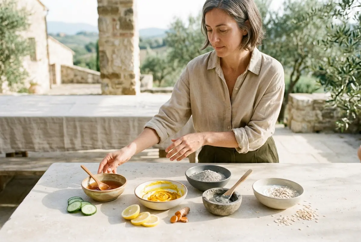 Bowls of honey, turmeric, yogurt, a yellow mask, grey clay powder and clay paste with lemon and cucumber slices on a light table