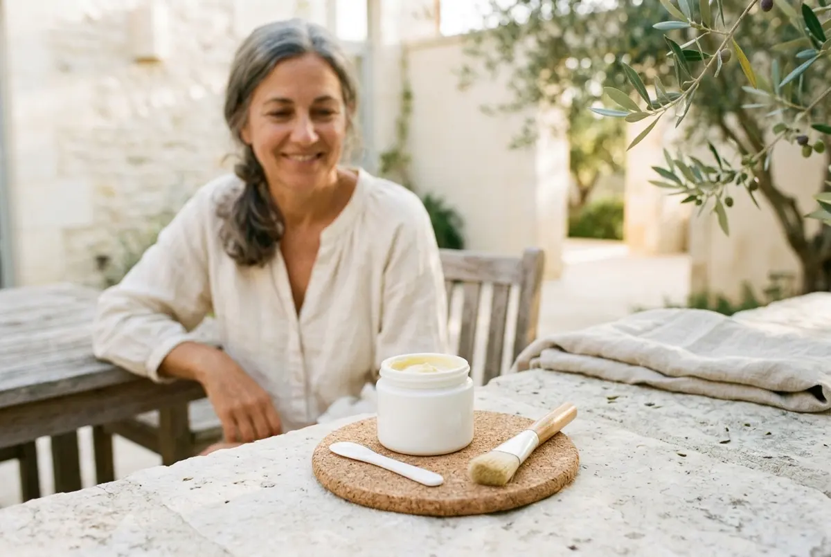 A small white jar of creamy pale yellow homemade face mask on a cork coaster with a white spatula and a wooden brush