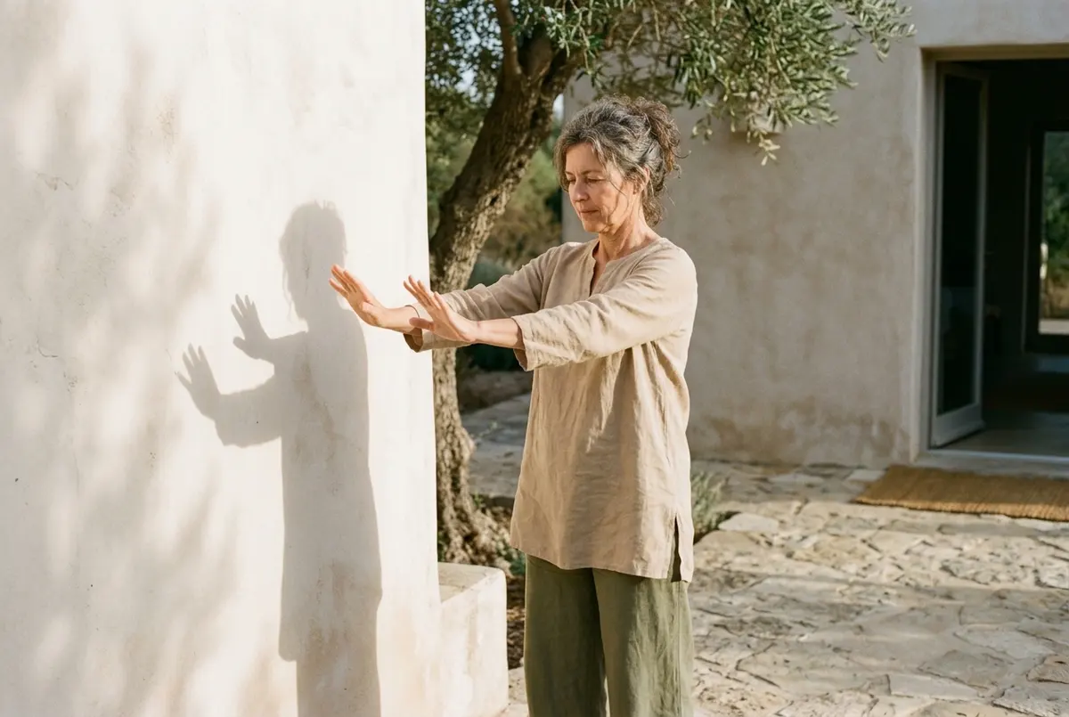 A woman with outstretched hands stands in front of a wall A woman with outstretched hands stands in front of a wall, a quiet image of self-reflection and shadow work