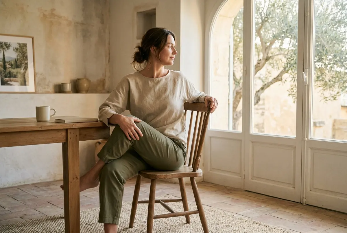 A woman doing a seated spinal twist on a wooden chair at a desk, one hand on her knee and the other on the chair back