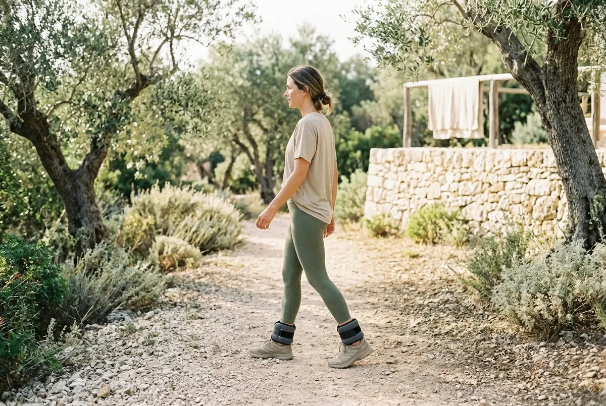 Woman walking outdoors in athletic leggings with ankle weights strapped to her legs on a sunny trail