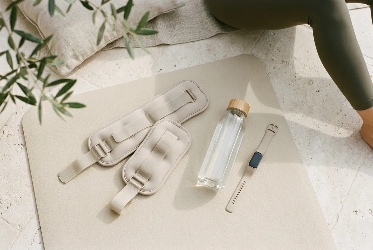 Overhead flat-lay of a pair of soft ankle weights on a yoga mat next to a water bottle and fitness tracker