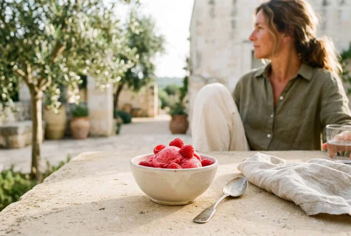 bowl of bright pink dairy-free berry sorbet with fresh raspberries