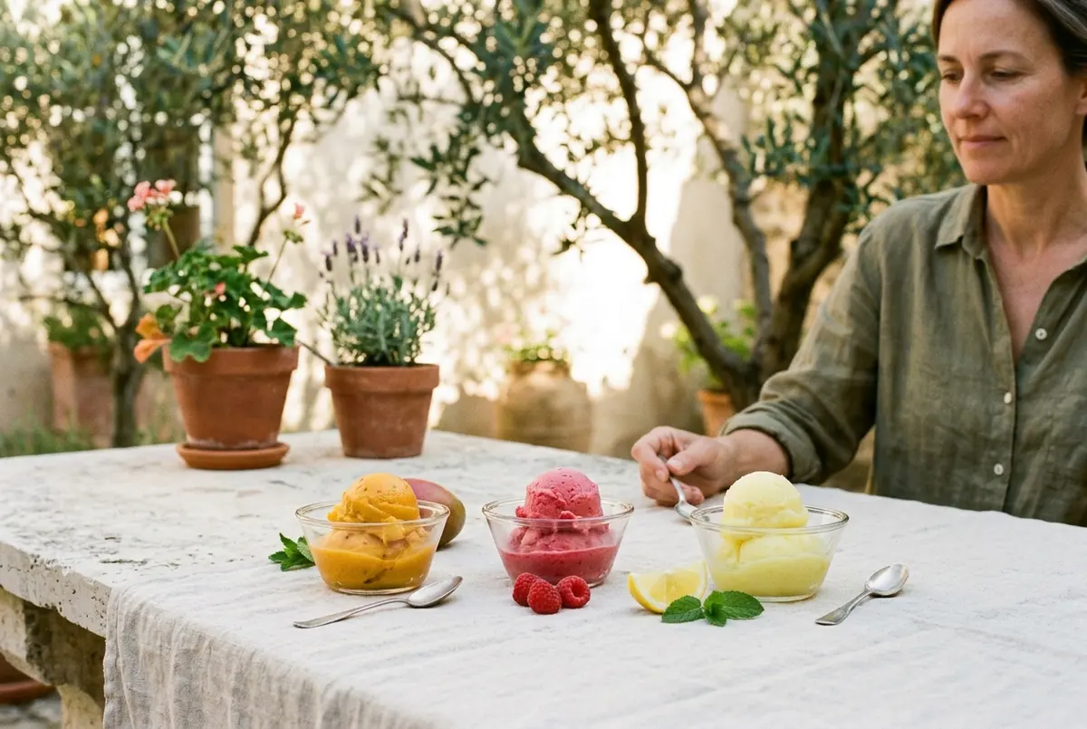 assortment of colorful fruit sorbets in glass bowls on a summer table