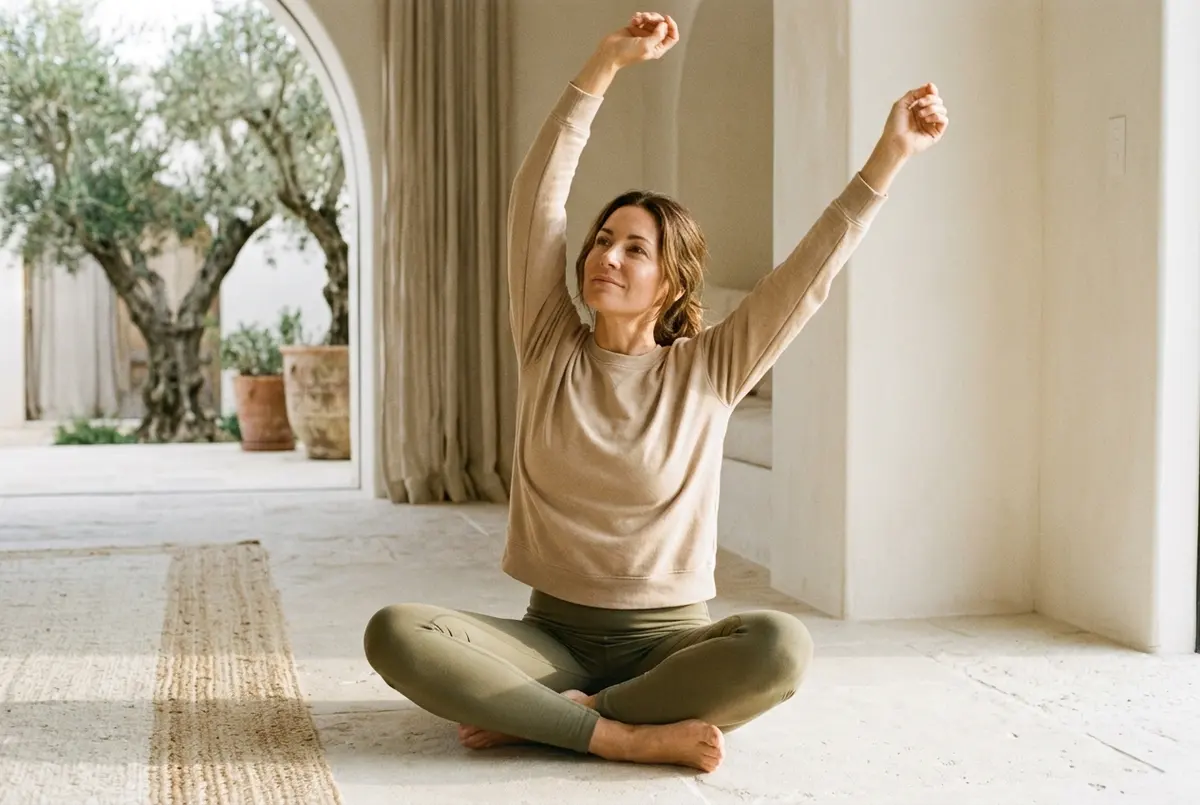 Woman doing a morning stretch on the floor Woman sitting on the floor with her arms raised, doing a gentle morning stretch at home