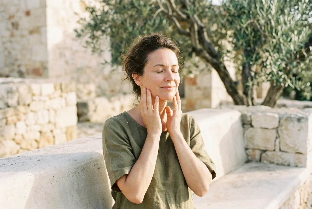 A woman with closed eyes and a relaxed smile resting her fingertips lightly along her jaw and cheeks