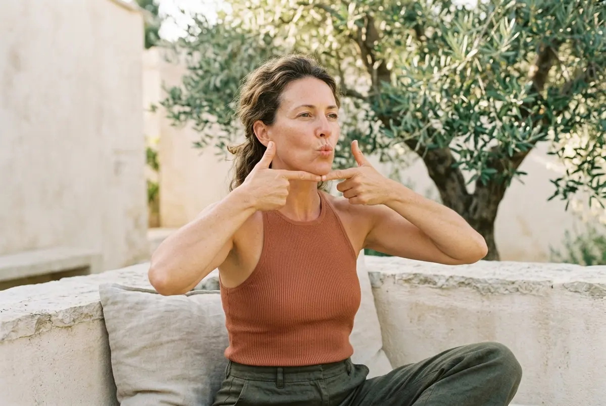A woman in a facial yoga pose framing her jaw with both hands, lips pushed forward in a gentle pucker