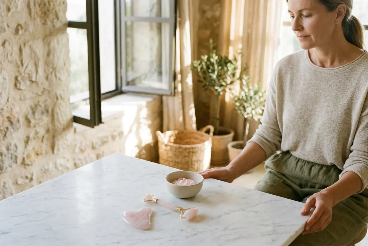 A rose quartz gua sha stone and facial roller on white marble next to a small bowl of pink face cream