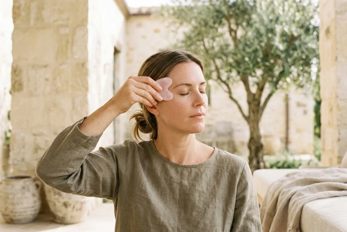 A woman gently holding a pink heart-shaped gua sha stone flat against her temple