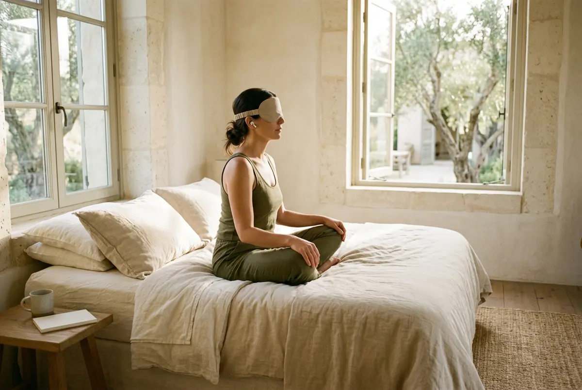 Woman sitting on bed with sleep mask, engaging in guided sleep meditation.
