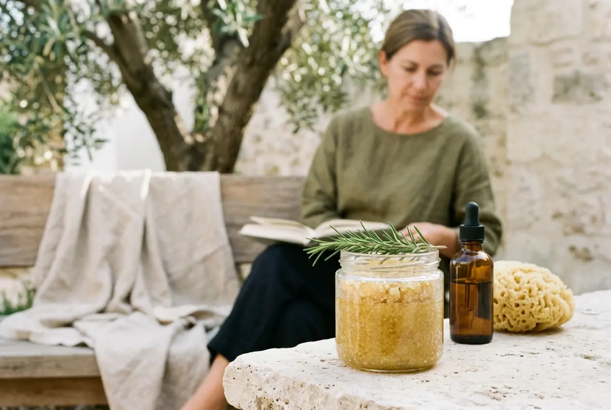 A glass jar of golden homemade sugar scrub topped with a sprig of rosemary, with an amber dropper bottle and a sponge behind it