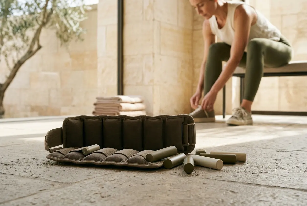 Close-up of adjustable ankle weights with removable weight bars laid flat on a gym floor