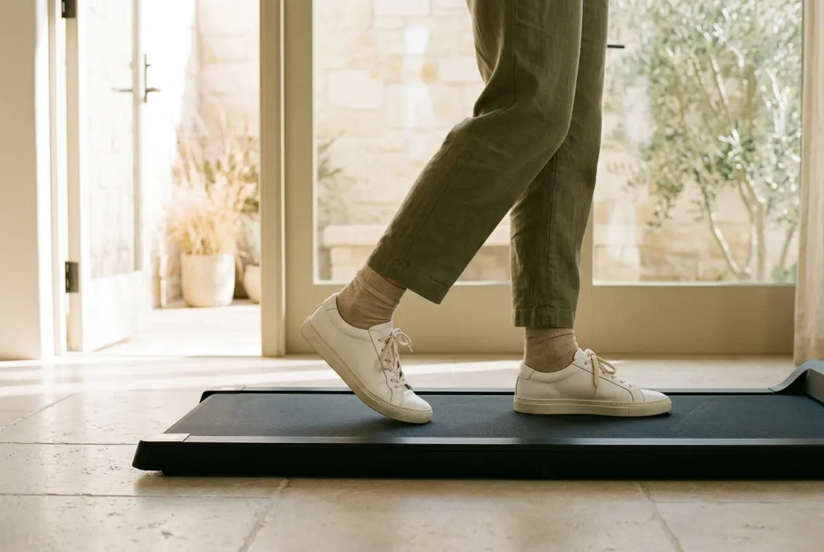 Close-up of feet in white sneakers walking on a walking pad at home