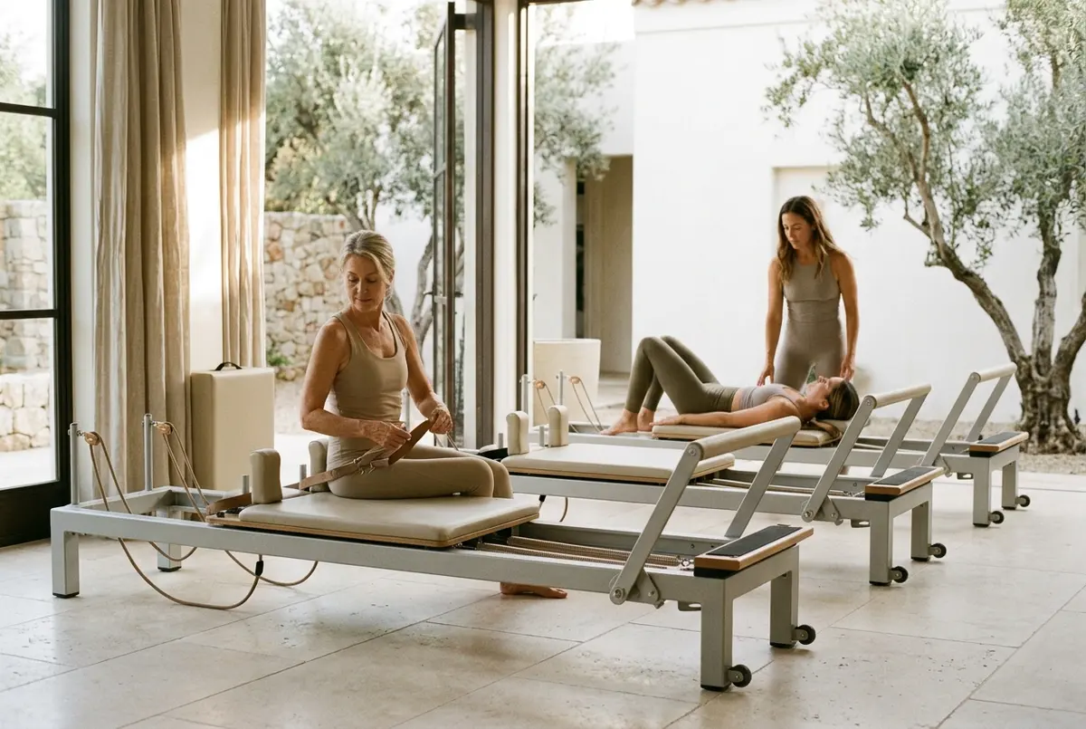 Row of studio Pilates reformers with padded carriages, springs and footbars