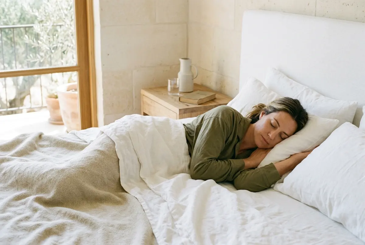 A woman peacefully sleeping in a bed with white sheets, promoting better sleep hygiene A woman peacefully sleeping in a bed with white sheets, promoting better sleep hygiene