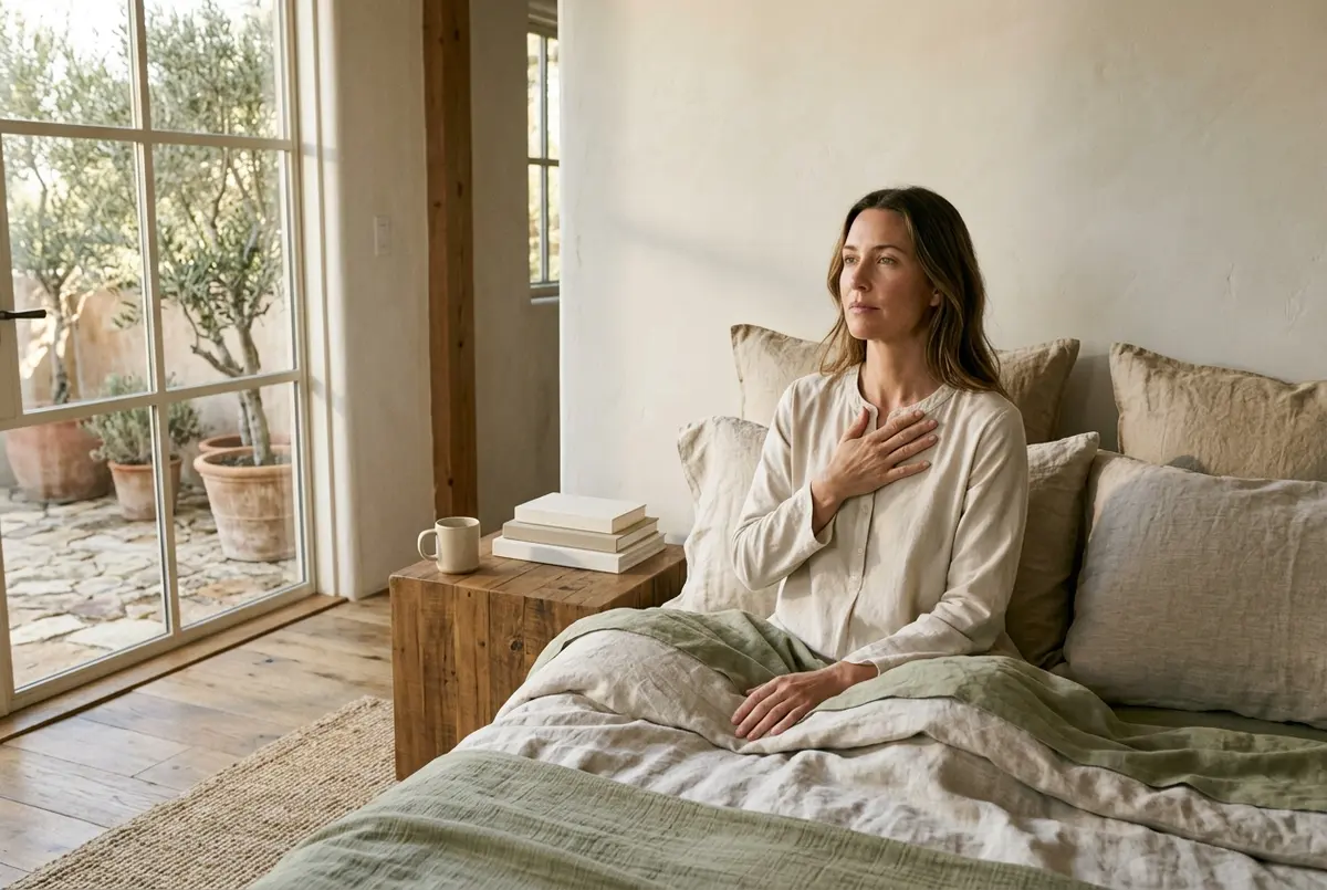 A woman sitting up in bed under linen sheets, one hand on her chest, calming herself after waking from a bad dream