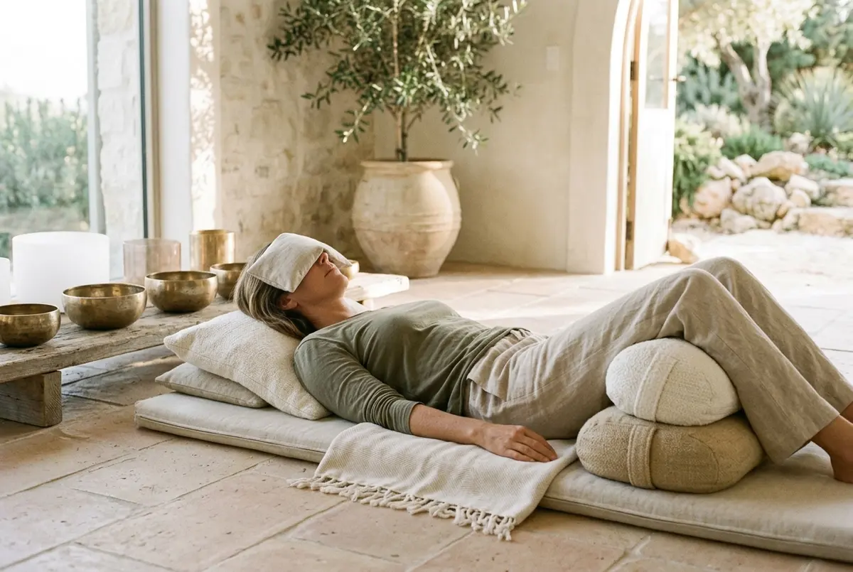 A person lying down and relaxing during a sound bath meditation.