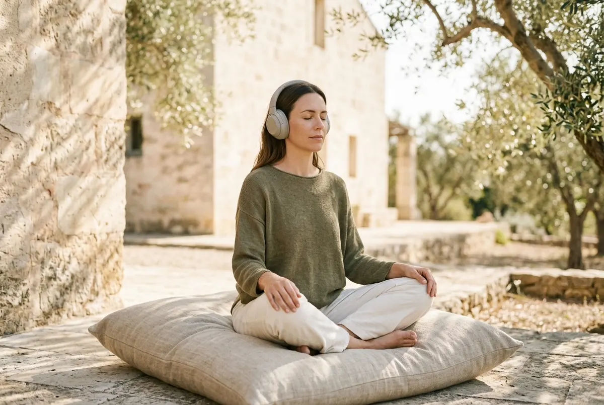 A woman sitting cross-legged on a cushion wearing simple headphones, listening to calm music with eyes closed