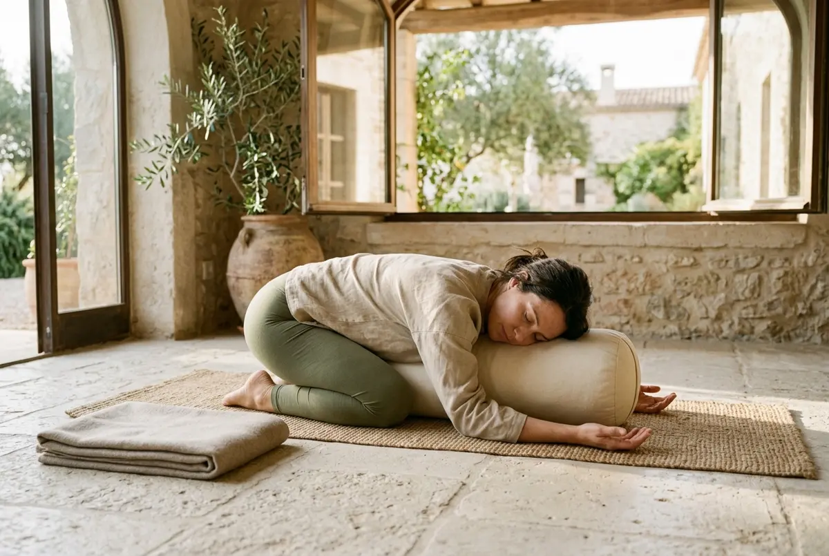 Woman resting in supported child's pose with her chest and head on a bolster, a folded blanket beside her