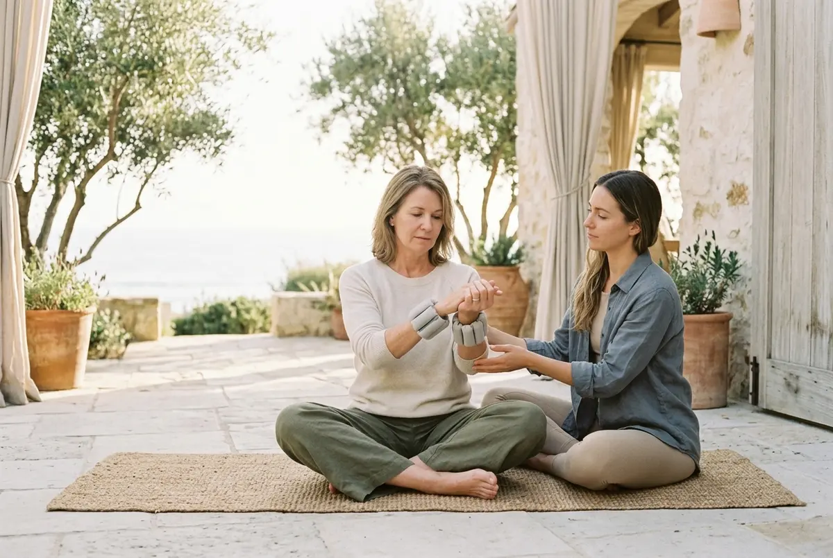 Woman sitting on a yoga mat doing a supervised gentle rehabilitation exercise with light wrist weights