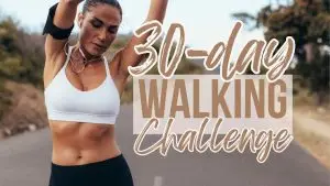 A woman running on a road with the words '30-day walking challenge'