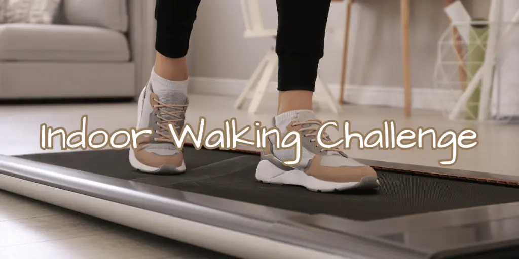 A woman participating in the indoor walking challenge on a treadmill, determined to achieve her fitness goals.