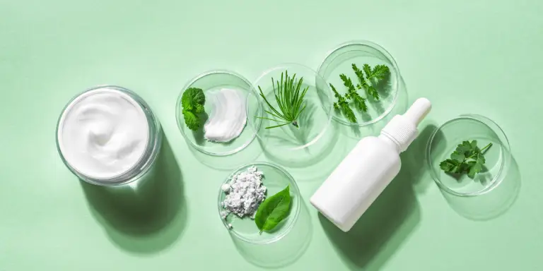 A green background showcases a bottle of cream, herbs, and other ingredients, promoting clean and green products.