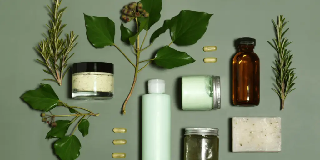 Assorted clean and green products, herbs, and oils on display.