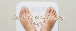 A woman standing on a scale, looking frustrated. Text overlay Struggling to lose weight Find out how to make it easier!