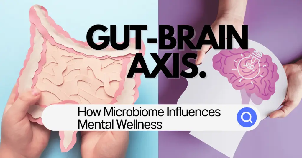 Illustration showing gut-brain axis with microbiome influencing mental wellness.