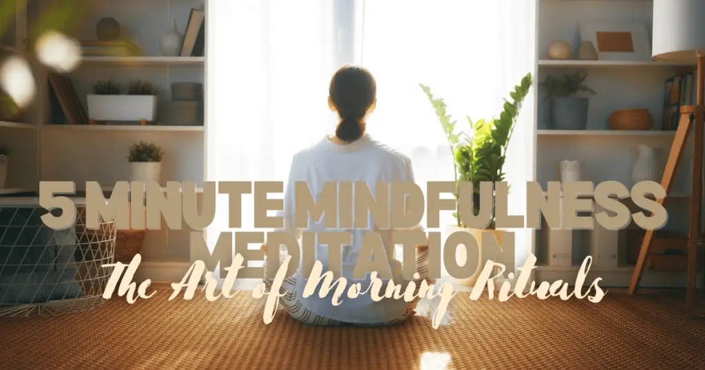 Woman practicing yoga at sunset, focusing on mindfulness meditation for 5 minutes.