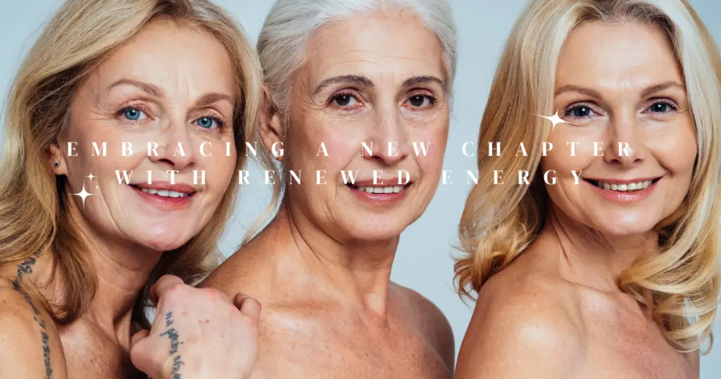 Three women smiling and hugging, embracing a new chapter with renewed energy after menopause.