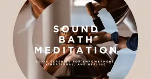 A serene sound bath meditation session with participants lying on mats, surrounded by soothing instruments and soft lighting.