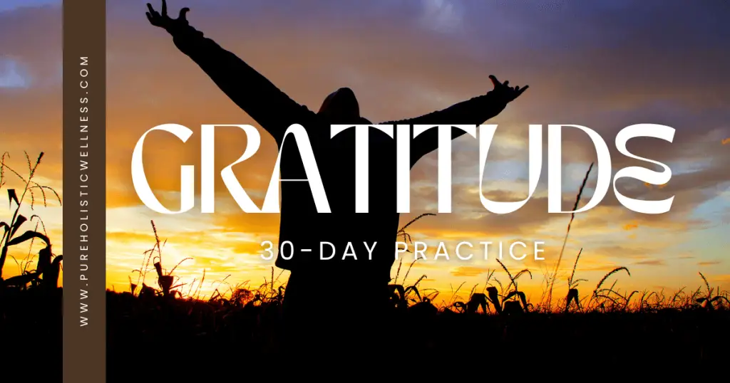 A serene image depicting a 30-day gratitude practice, featuring a journal, pen, and calming nature background.
