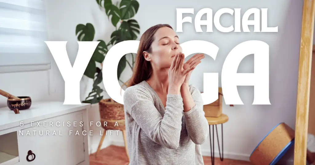 A woman practicing facial yoga in her living room, focusing on relaxation and rejuvenation techniques.