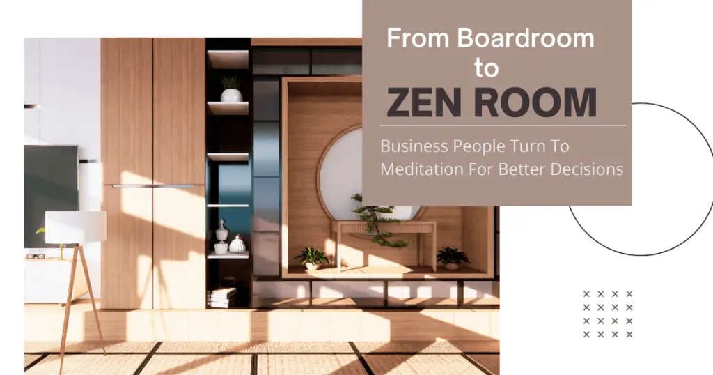 A serene transition from a corporate boardroom to a tranquil zen room, showcasing a blend of professionalism and relaxation.