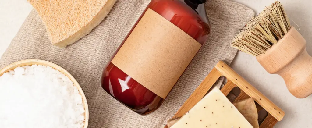A bottle of soap, a brush, a spoon, and a bowl of salt arranged together on a clean surface, ready for use.