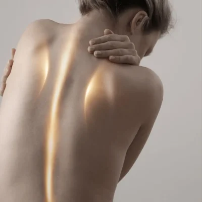 A woman with back pain illuminated by a yellow light, emphasizing the importance of posture correction and mindful posture